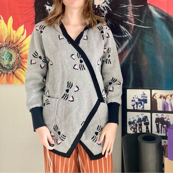 Thinkgeek gray cat open front hooded cardigan sweater think geek - Picture 1 of 9
